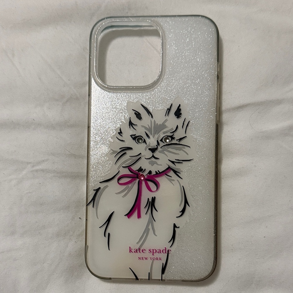 kate spade Glitter Cat iPhone Case - White and Pink - iPhone 15 Pro Max